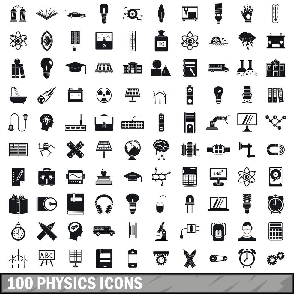 100 natuurkunde iconen set, eenvoudige stijl vector