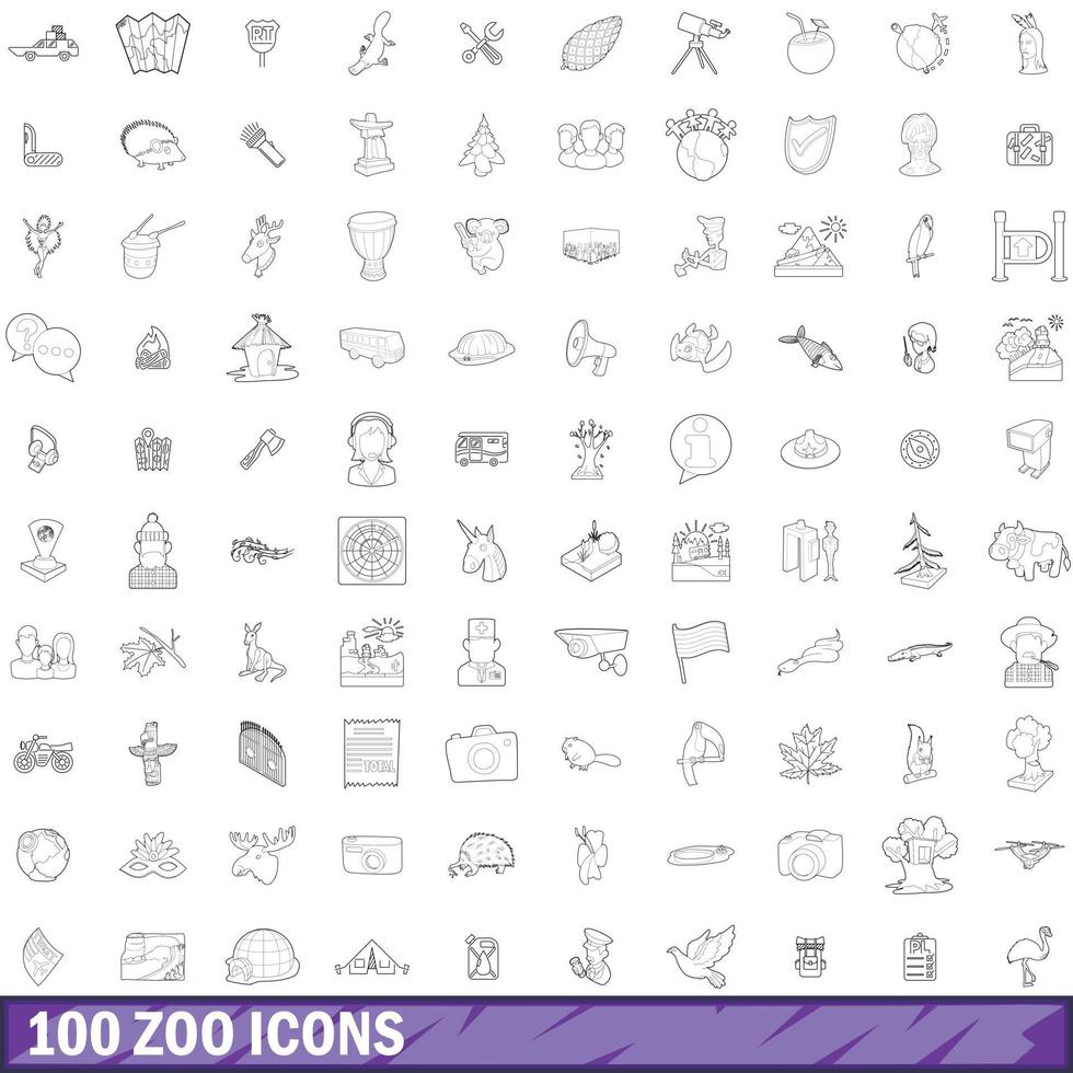 100 dierentuin iconen set, Kaderstijl vector