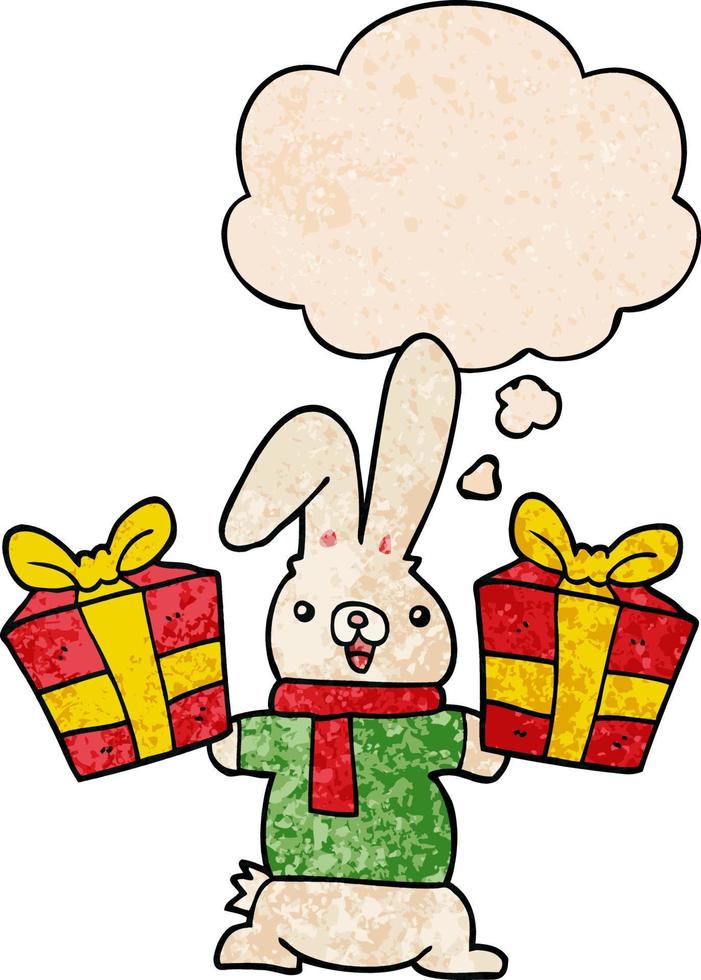 cartoon konijn met kerstcadeautjes en gedachte bel in grunge textuur patroon stijl vector