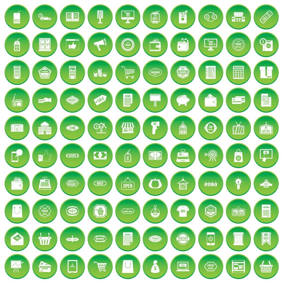 100 verkooppictogrammen instellen groene cirkel vector