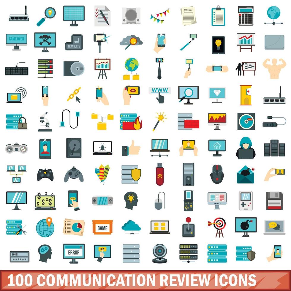 100 communicatie beoordeling iconen set, vlakke stijl vector