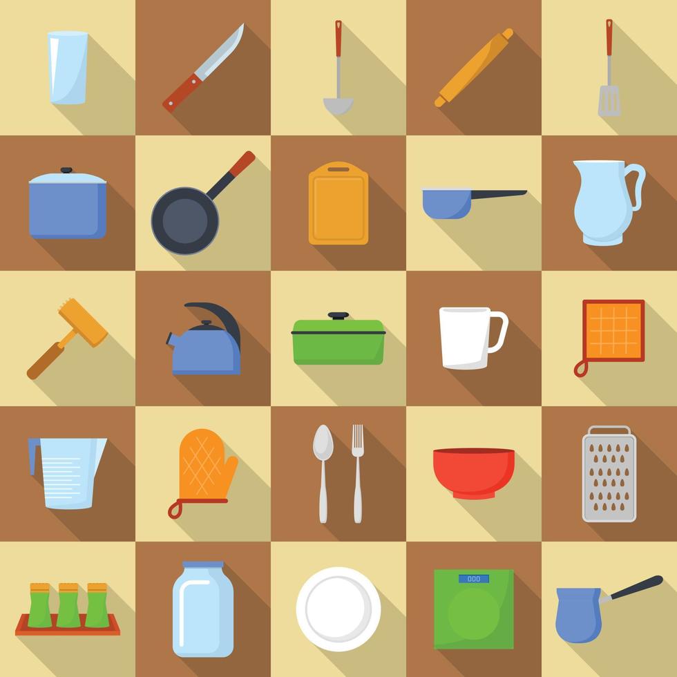 keukengerei tools koken iconen set, vlakke stijl vector