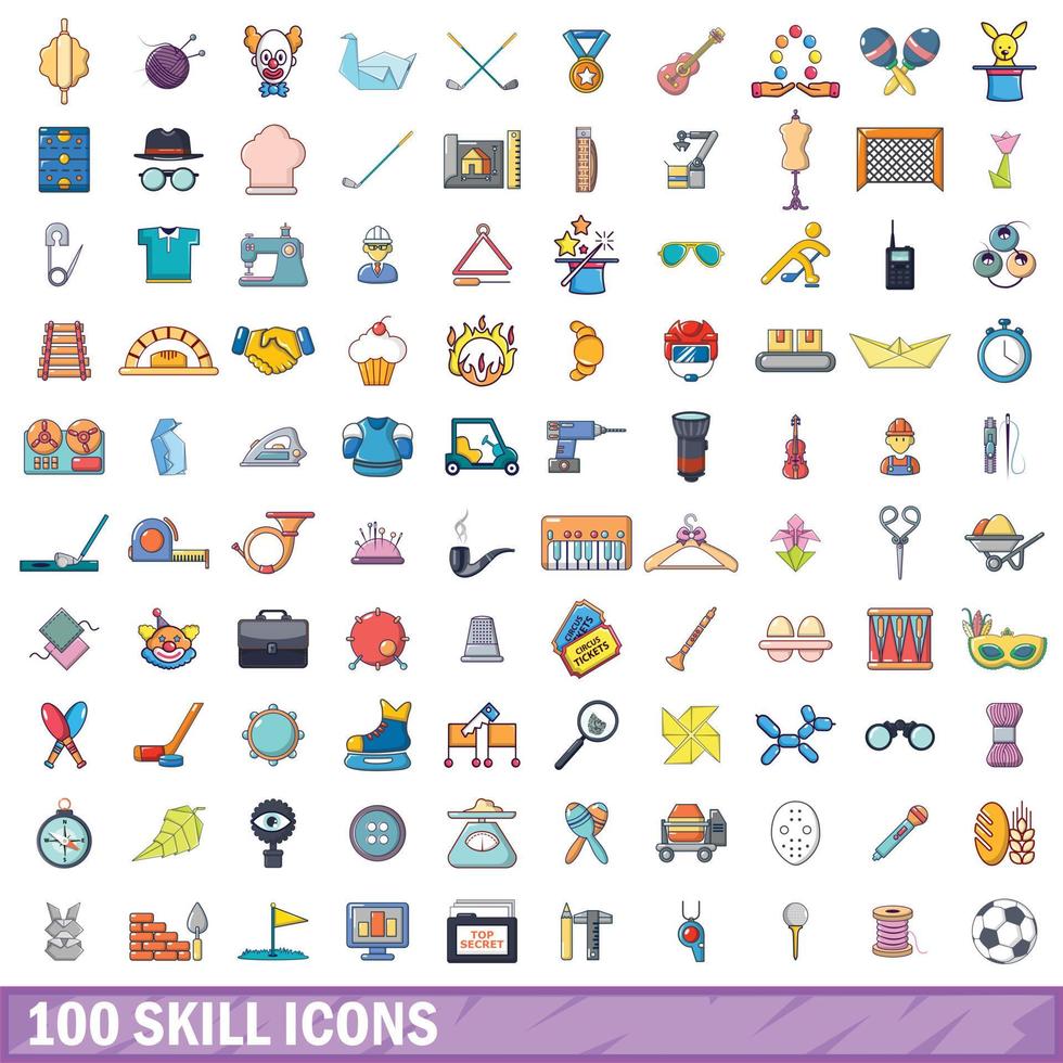 100 vaardigheid iconen set, cartoon stijl vector