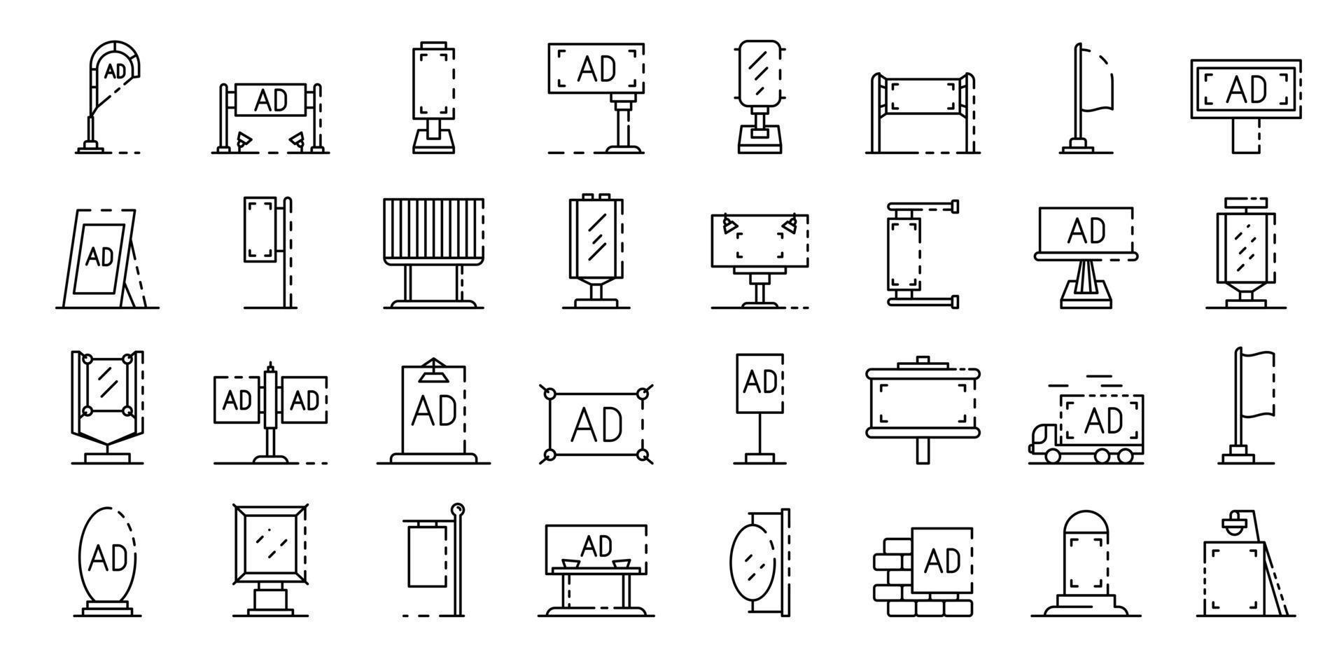 buitenreclame iconen set, Kaderstijl vector