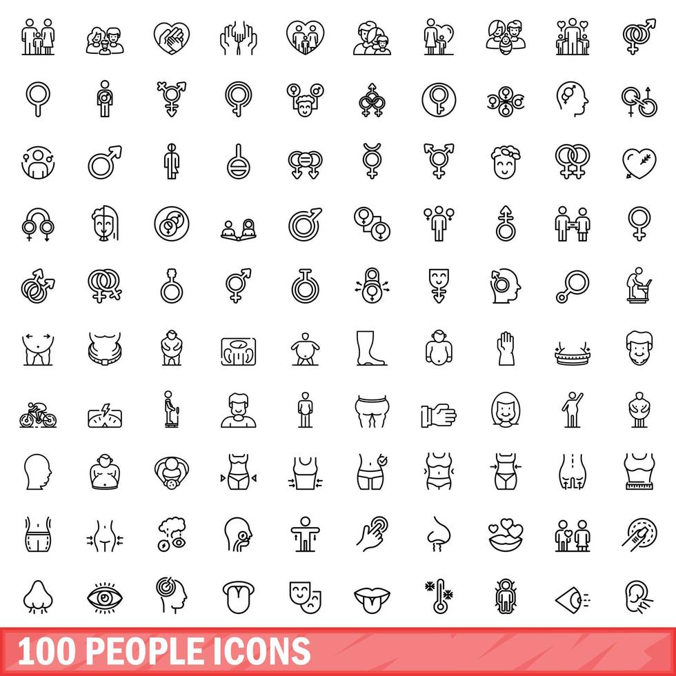 100 mensen iconen set, Kaderstijl vector