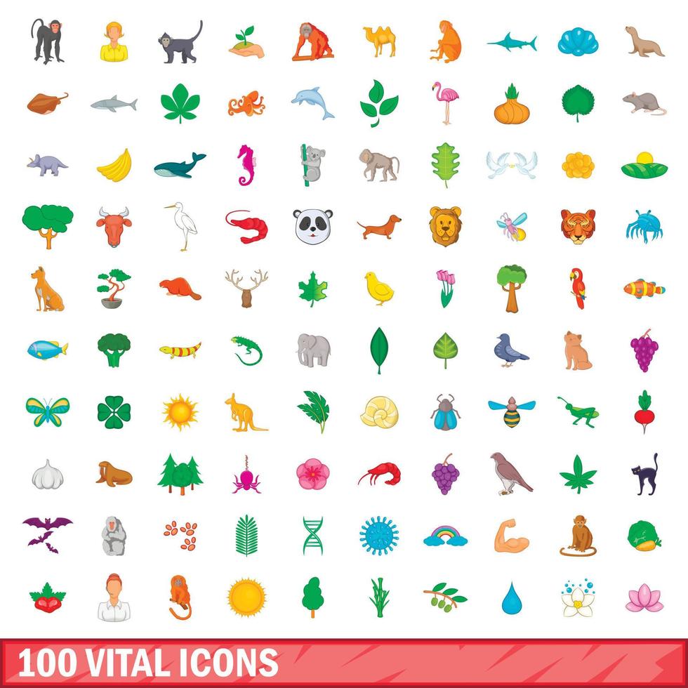 100 vitale iconen set, cartoon stijl vector