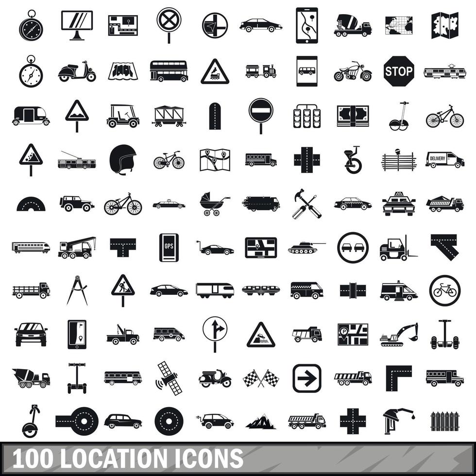 100 locatie iconen set, eenvoudige stijl vector