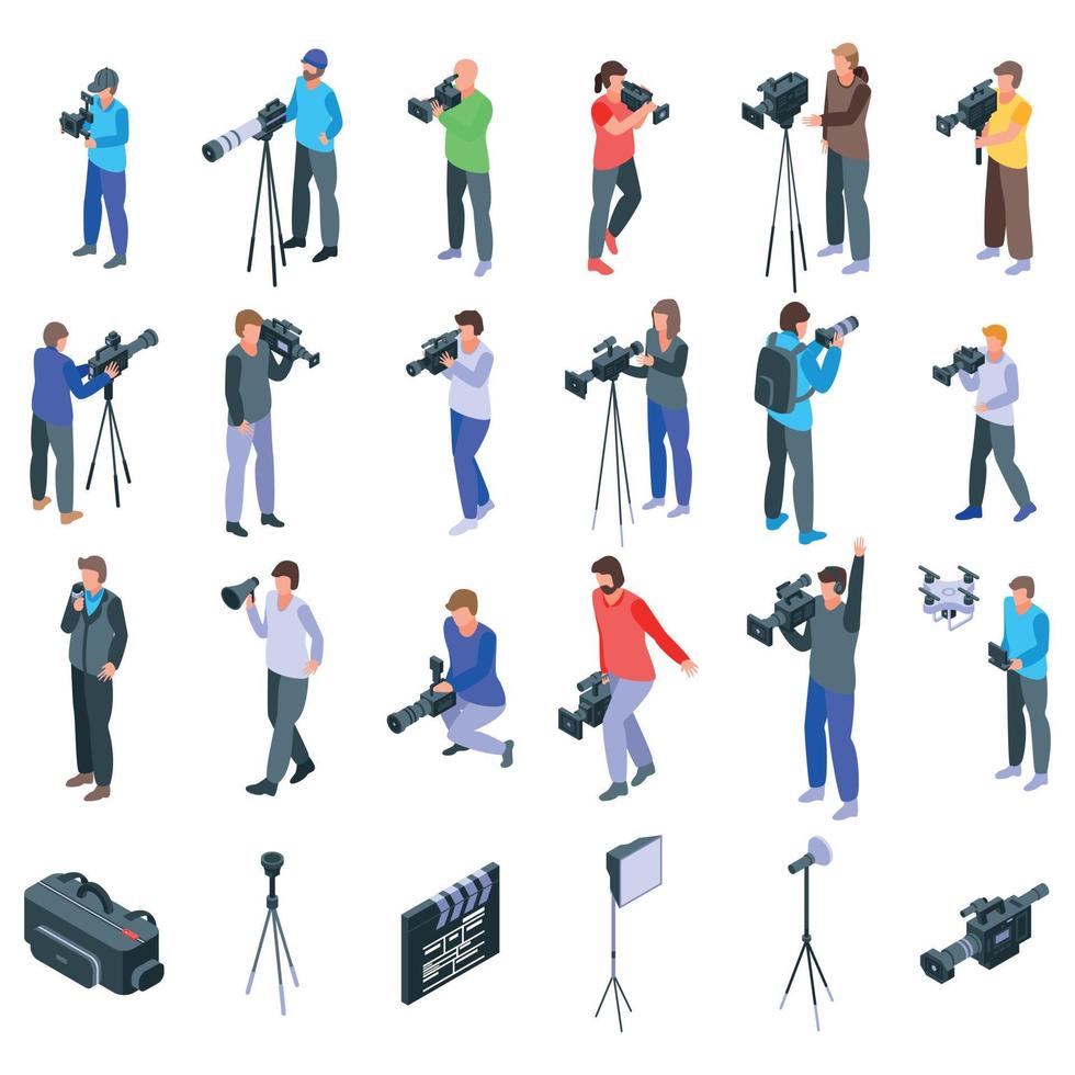 cameraman iconen set, isometrische stijl vector