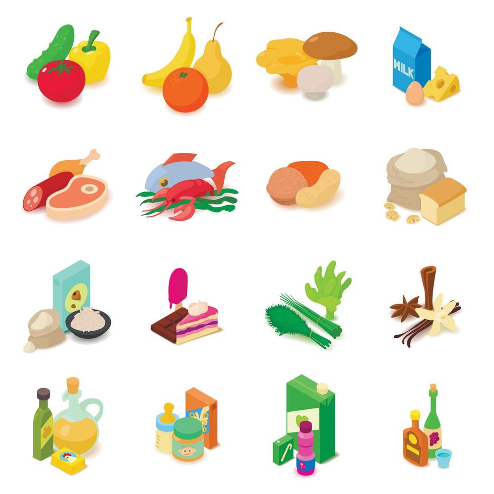 winkel navigatie voedingsmiddelen iconen set, isometrische stijl vector