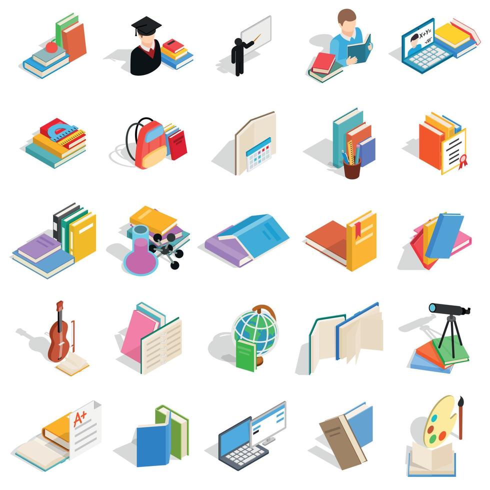 leren iconen set, isometrische stijl vector