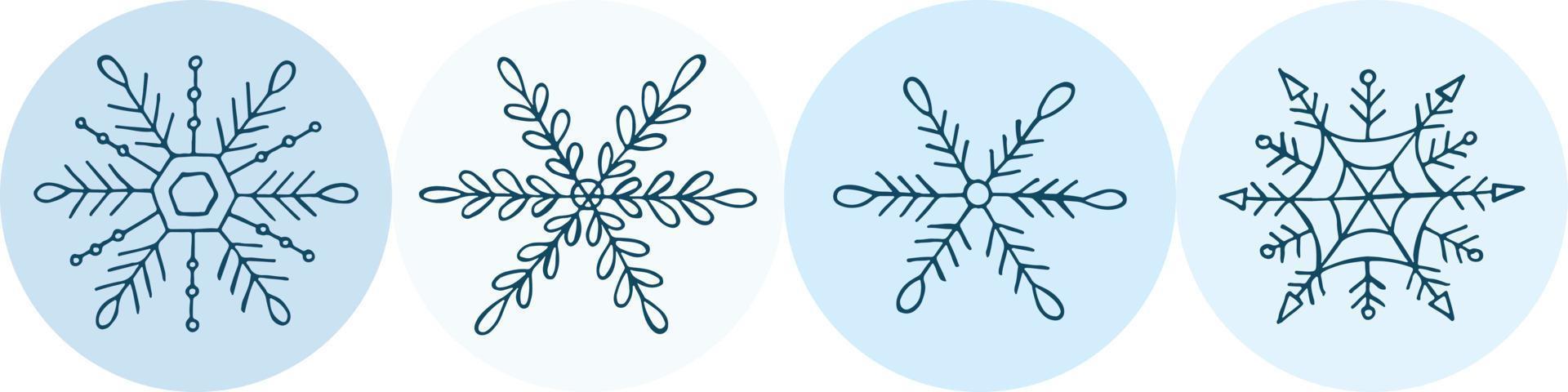 een set van handgetekende sneeuwvlokken. vectorillustratie in doodle stijl. winterse stemming. hallo 2023. prettige kerstdagen en gelukkig nieuwjaar. blauwe elementen op een lichtblauwe achtergrond. vector