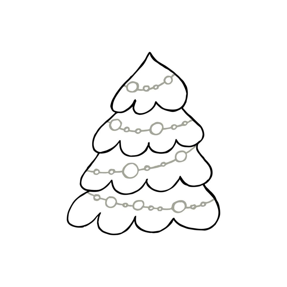 een handgetekende kerstboom. vectorillustratie in doodle stijl. winterse stemming. hallo 2023. prettige kerstdagen en gelukkig nieuwjaar. zwart en grijs element op een witte achtergrond. vector
