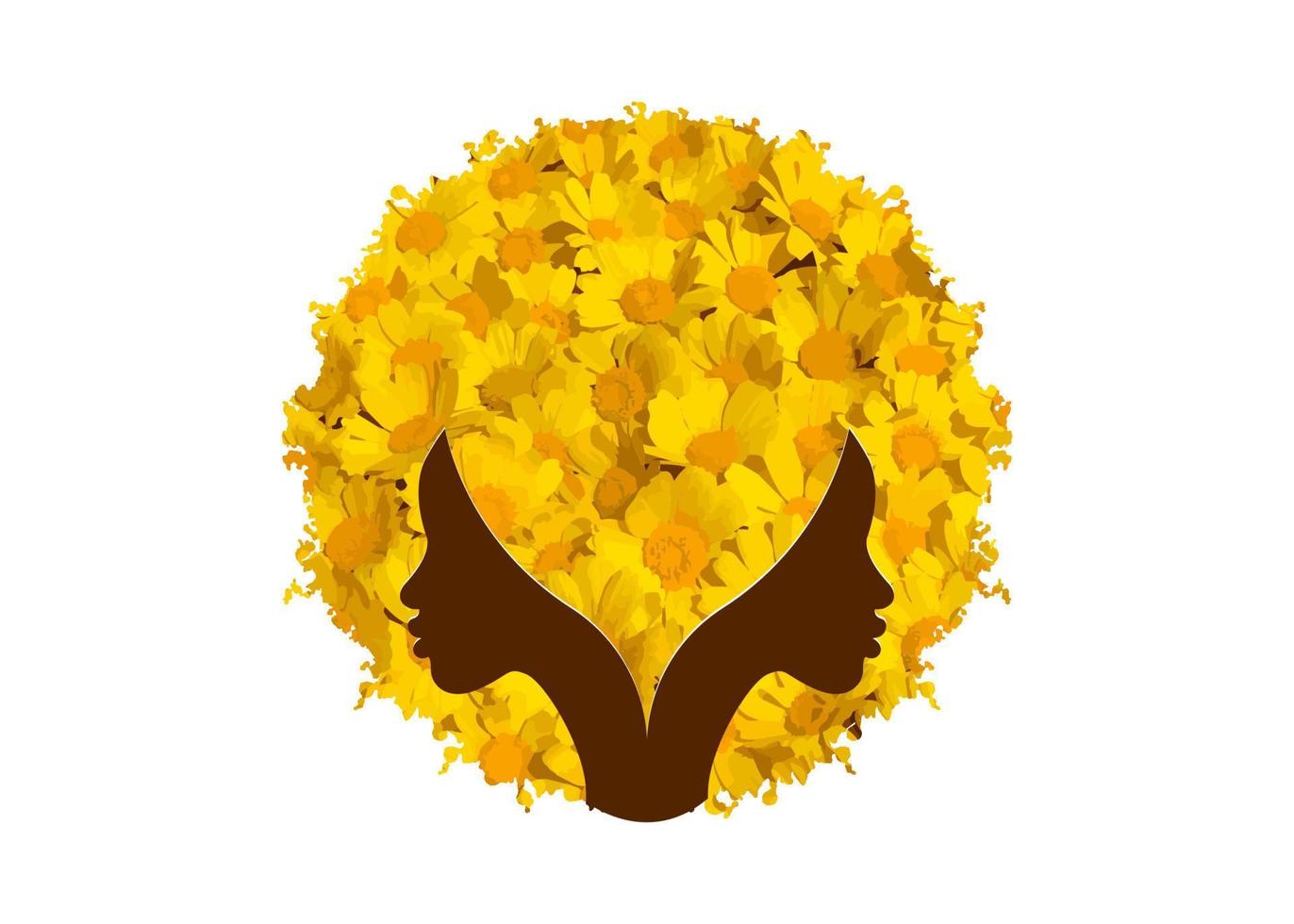 logo ronde ontwerp afro-amerikaanse vrouw gezicht portret met bloemen krullend afro haar. vrouwen profiel kapsel silhouet van gele madeliefjes tulband op de witte achtergrond. vector illustratie geïsoleerd