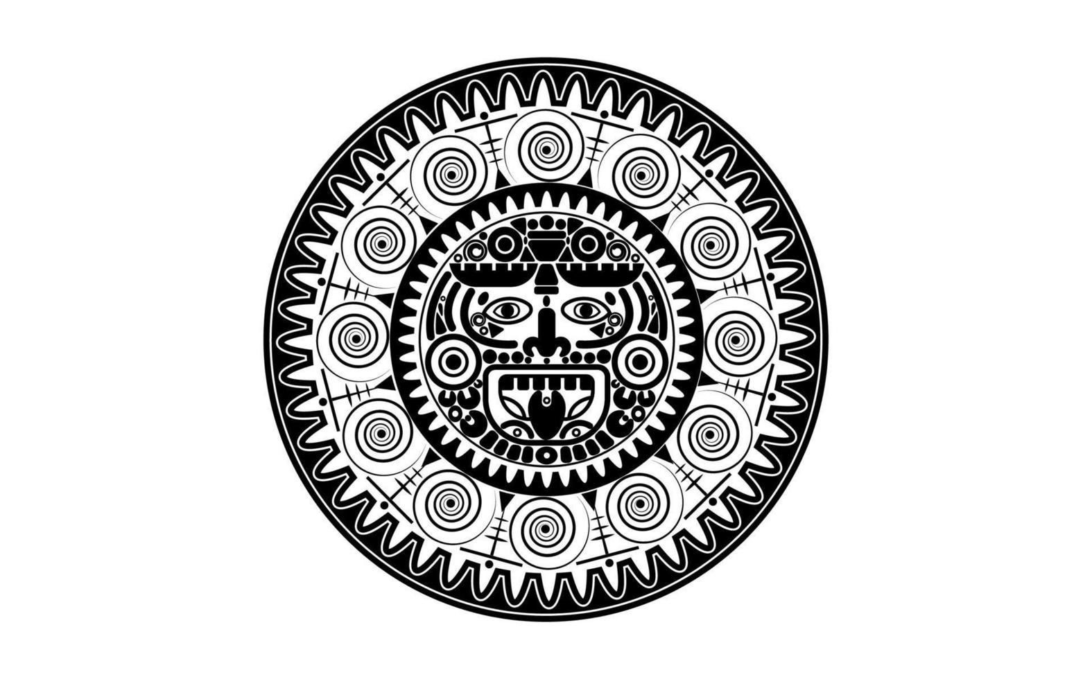 Heilige Maya zonnegod, Azteekse wiel kalender, Maya symbolen etnische masker, zwarte tatoeage ronde frame grens oude logo pictogram vectorillustratie geïsoleerd op witte achtergrond vector