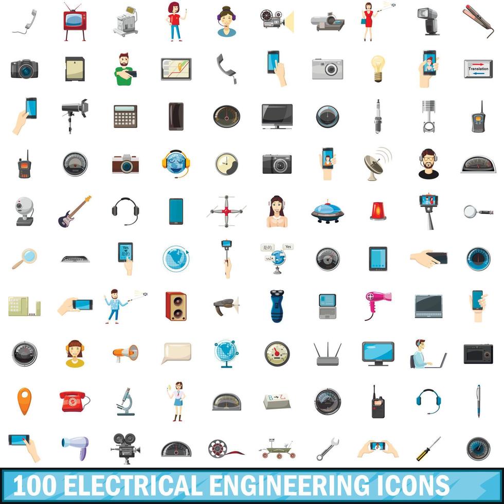 100 elektrotechniek iconen set, tekenfilm vector