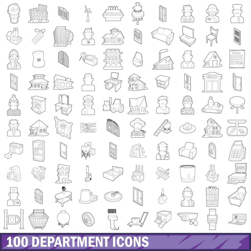 100 afdeling iconen set, Kaderstijl vector