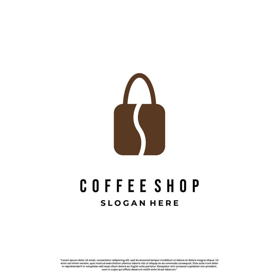 coffeeshop logo ontwerp illustratie, coffee store logo icoon, koffieboon combineren met tas vector