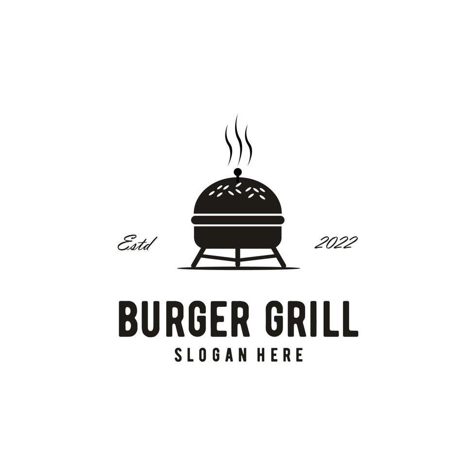 houtskoolgrillketel met burgerbroodje voor gegrild. hamburger grill logo vintage vector