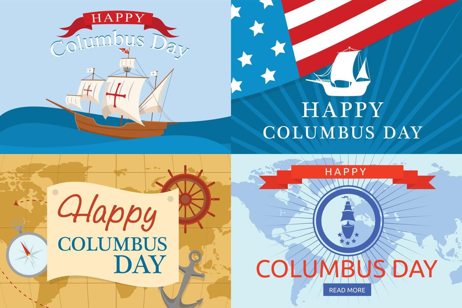 happy columbus day banner set, vlakke stijl vector