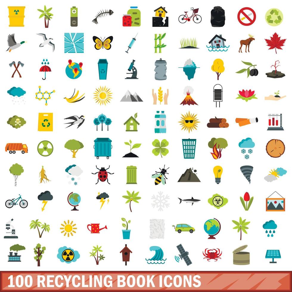 100 recycling boek iconen set, vlakke stijl vector