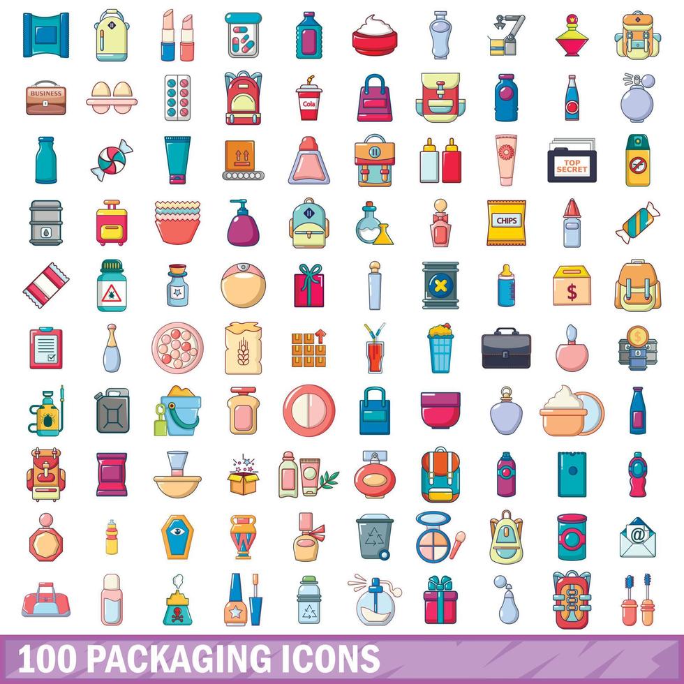 100 verpakking iconen set, cartoon stijl vector