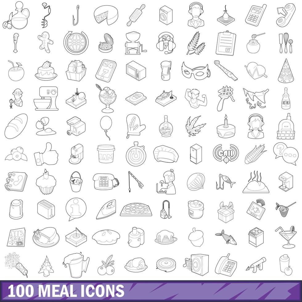 100 maaltijd iconen set, Kaderstijl vector