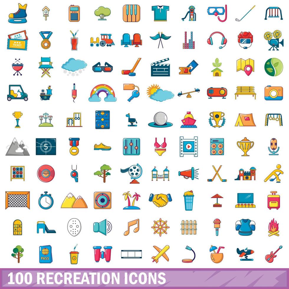 100 recreatie iconen set, cartoon stijl vector