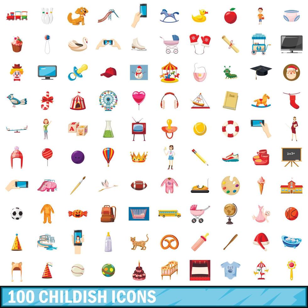100 kinderachtige iconen set, cartoon stijl vector