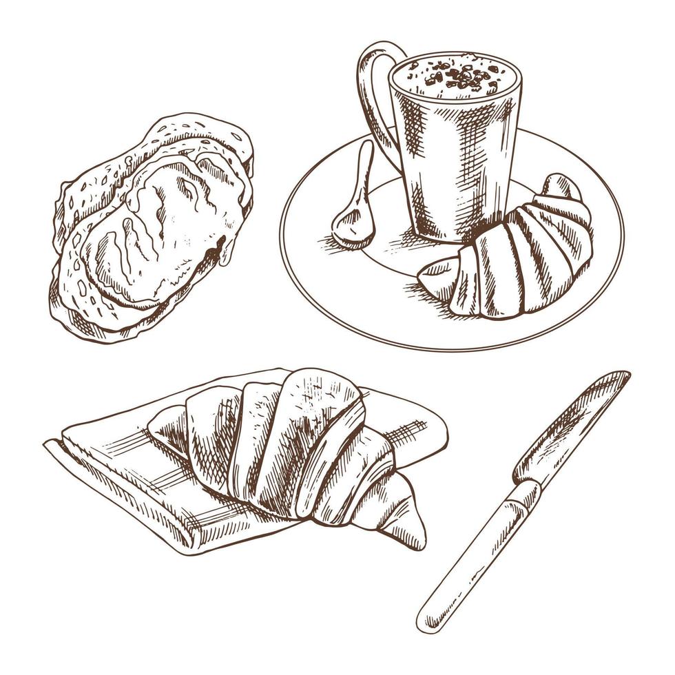vintage hand getrokken schets bakkerij stijlenset. een kopje koffie met een croissant, een lepel op een bord, een sneetje brood. vectorillustratie. pictogrammen en elementen voor print, web, mobiel en infographics. vector