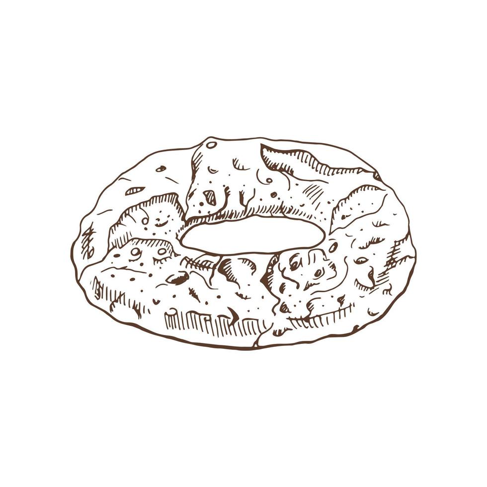 vector hand getekende illustratie van kalach, krakeling. bruin en wit gebak tekening geïsoleerd op een witte achtergrond. schetspictogram en bakkerij-element om af te drukken, web, mobiel.