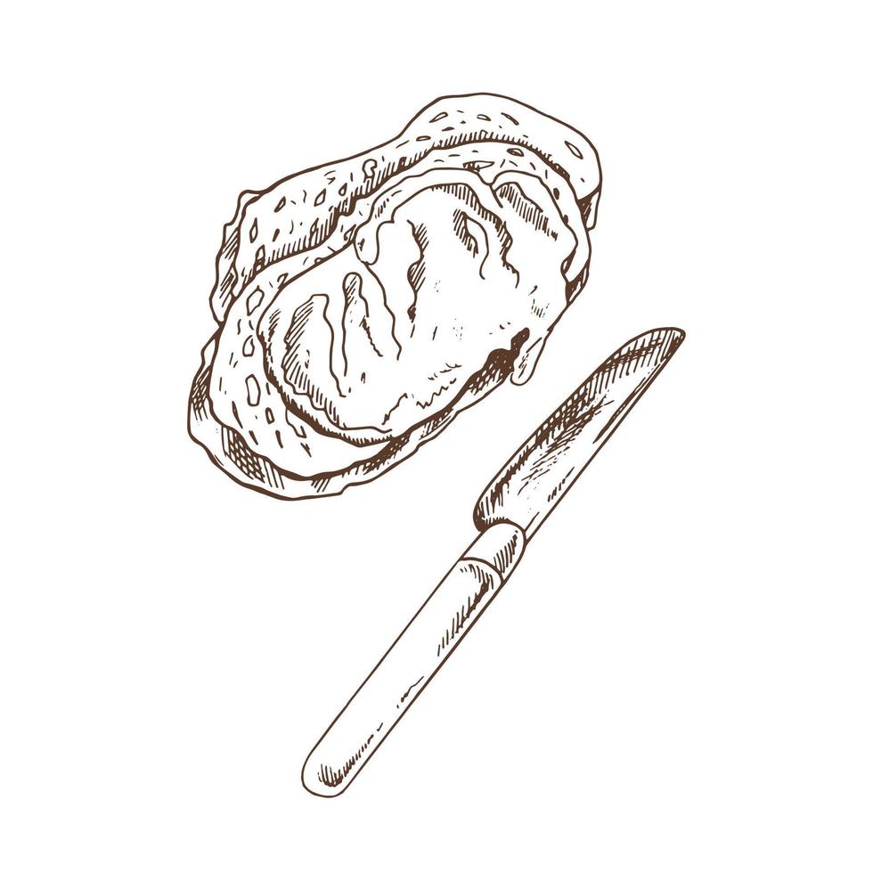 vector hand getekende illustratie van sandwich met boter en mes. bruin en wit gebak tekening geïsoleerd op een witte achtergrond. schetspictogram en bakkerij-element om af te drukken, web, mobiel.