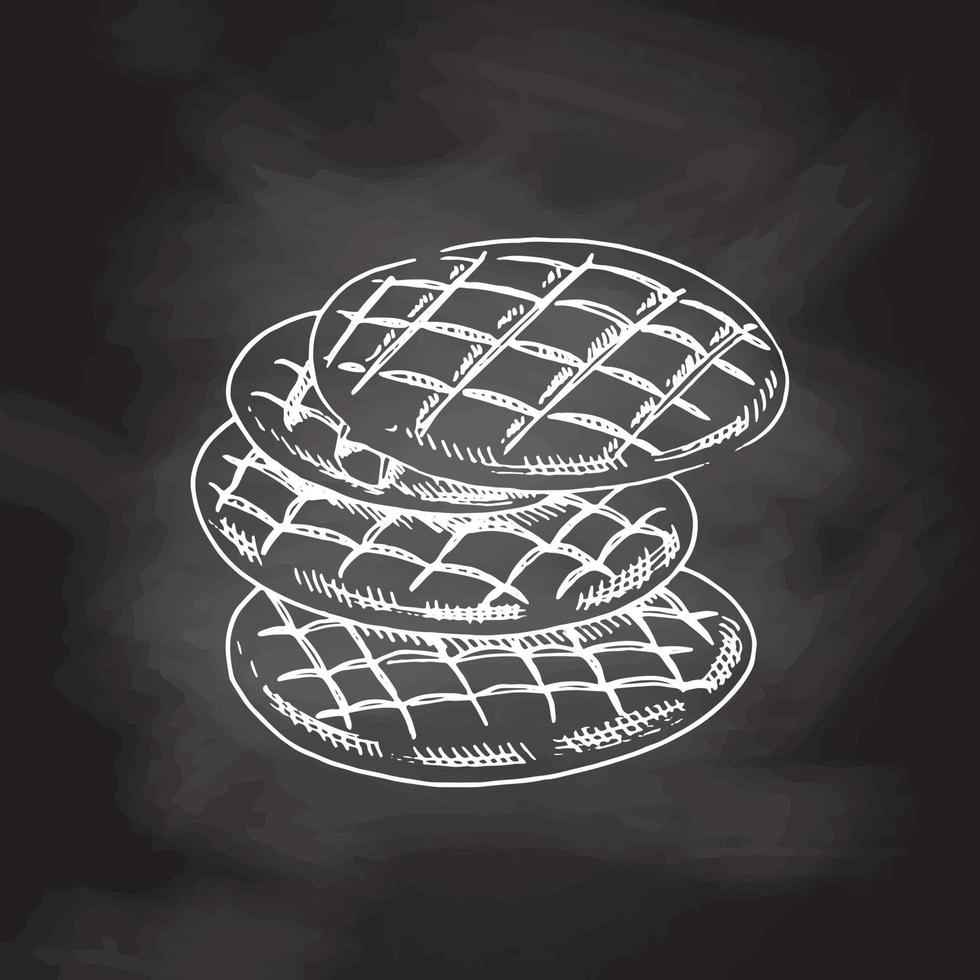 vector hand getekende illustratie van taarten, koekjes, brood. witte schets geïsoleerd op zwart schoolbord. schetspictogram en bakkerij-element om af te drukken, web, mobiel.