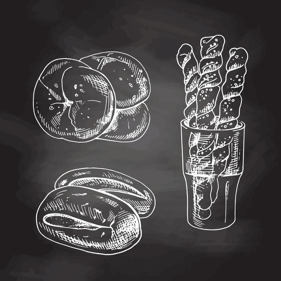 vintage hand getrokken schets bakkerij stijlenset. brood en broodjes. witte schets geïsoleerd op zwart schoolbord. pictogrammen en elementen voor afdrukken, etiketten, verpakkingen. vector