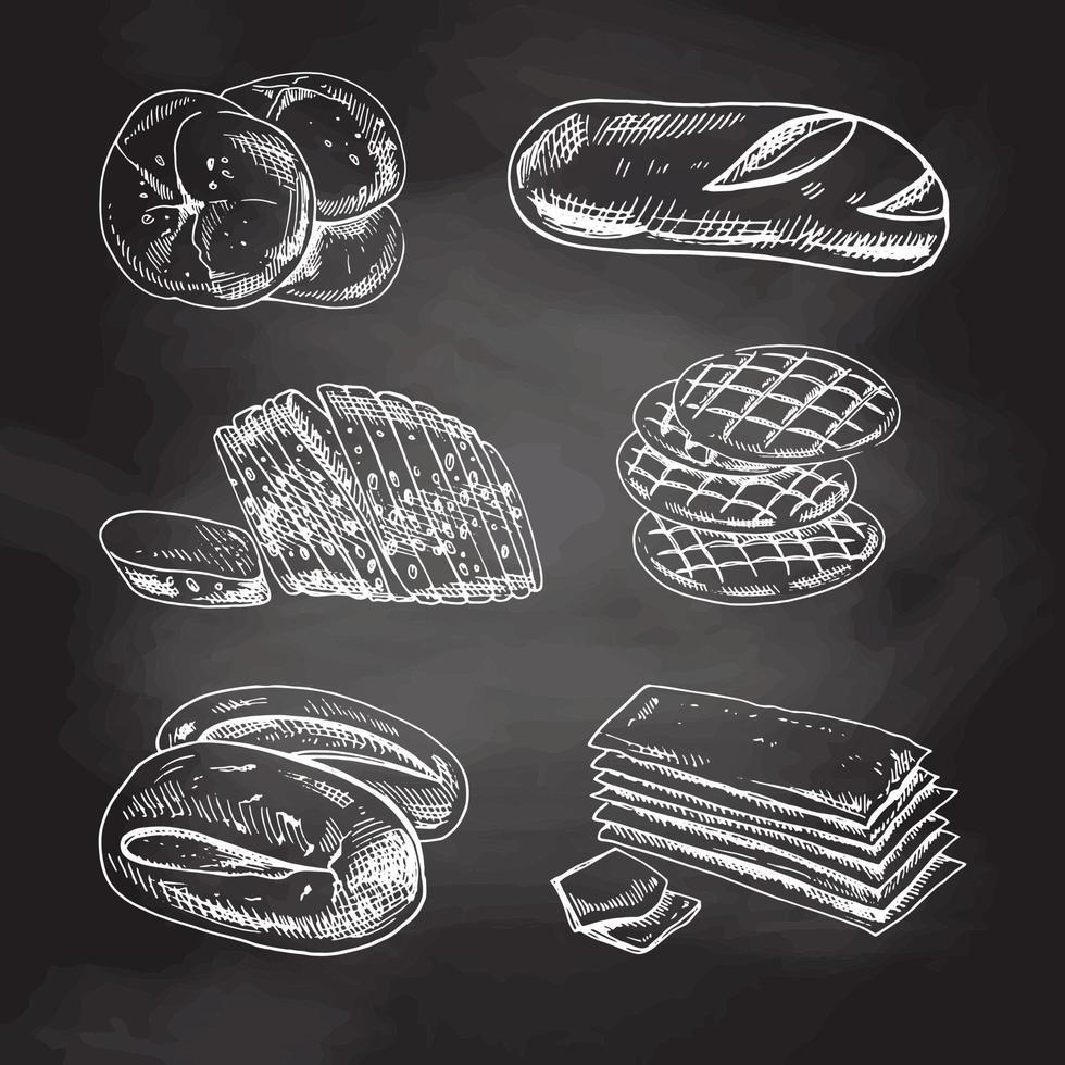 vintage hand getrokken schets bakkerij stijlenset. brood en gebak. witte schets geïsoleerd op zwart schoolbord. pictogrammen en elementen voor afdrukken, etiketten, verpakkingen. vector