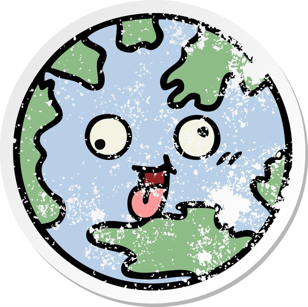 verontruste sticker van een schattige cartoon planeet aarde vector