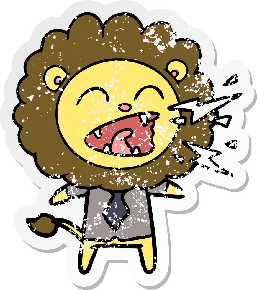 verontruste sticker van een cartoon brullende leeuw zakenman vector