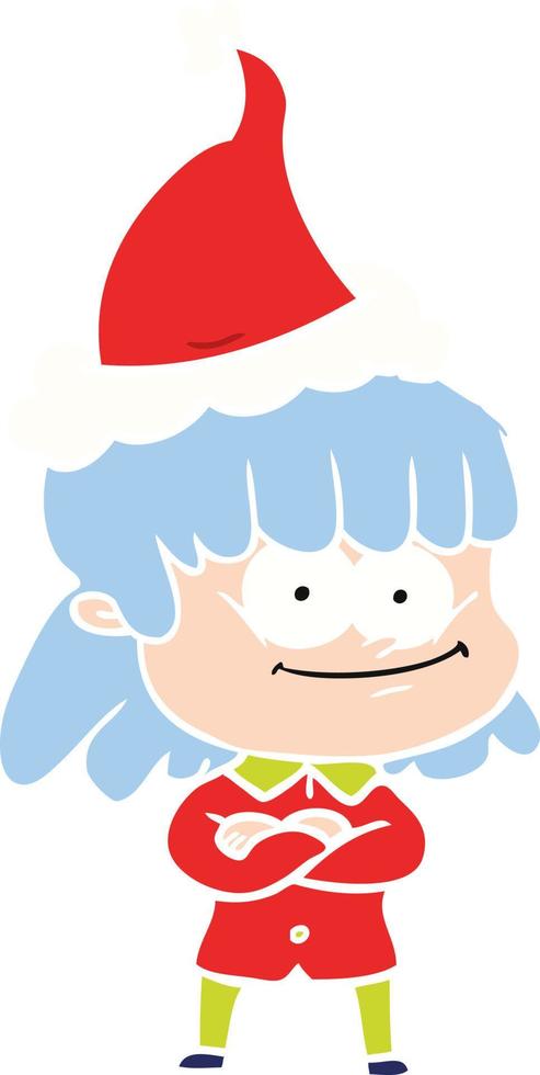 egale kleurenillustratie van een glimlachende vrouw die een kerstmuts draagt vector