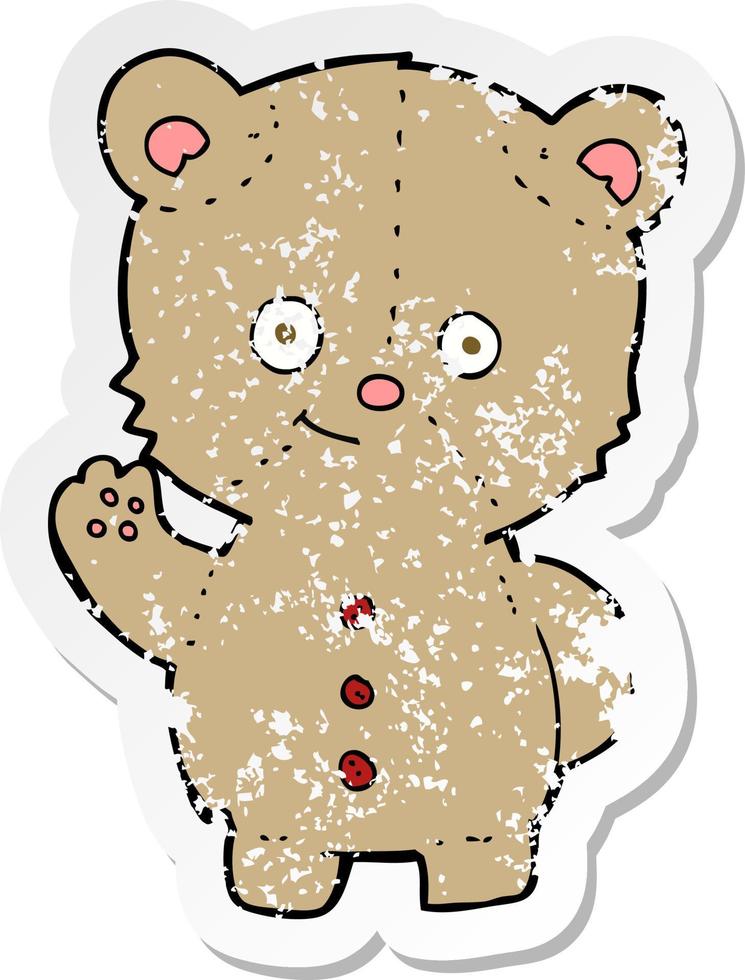 retro noodlijdende sticker van een cartoon teddybeer die zwaait vector