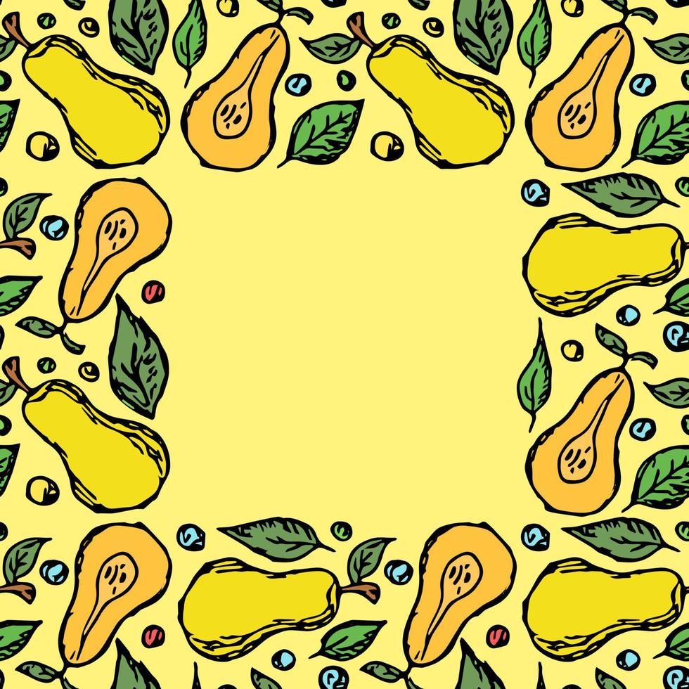 peren frame. gekleurde perenachtergrond met plaats voor tekst. doodle vectorillustratie met fruit vector