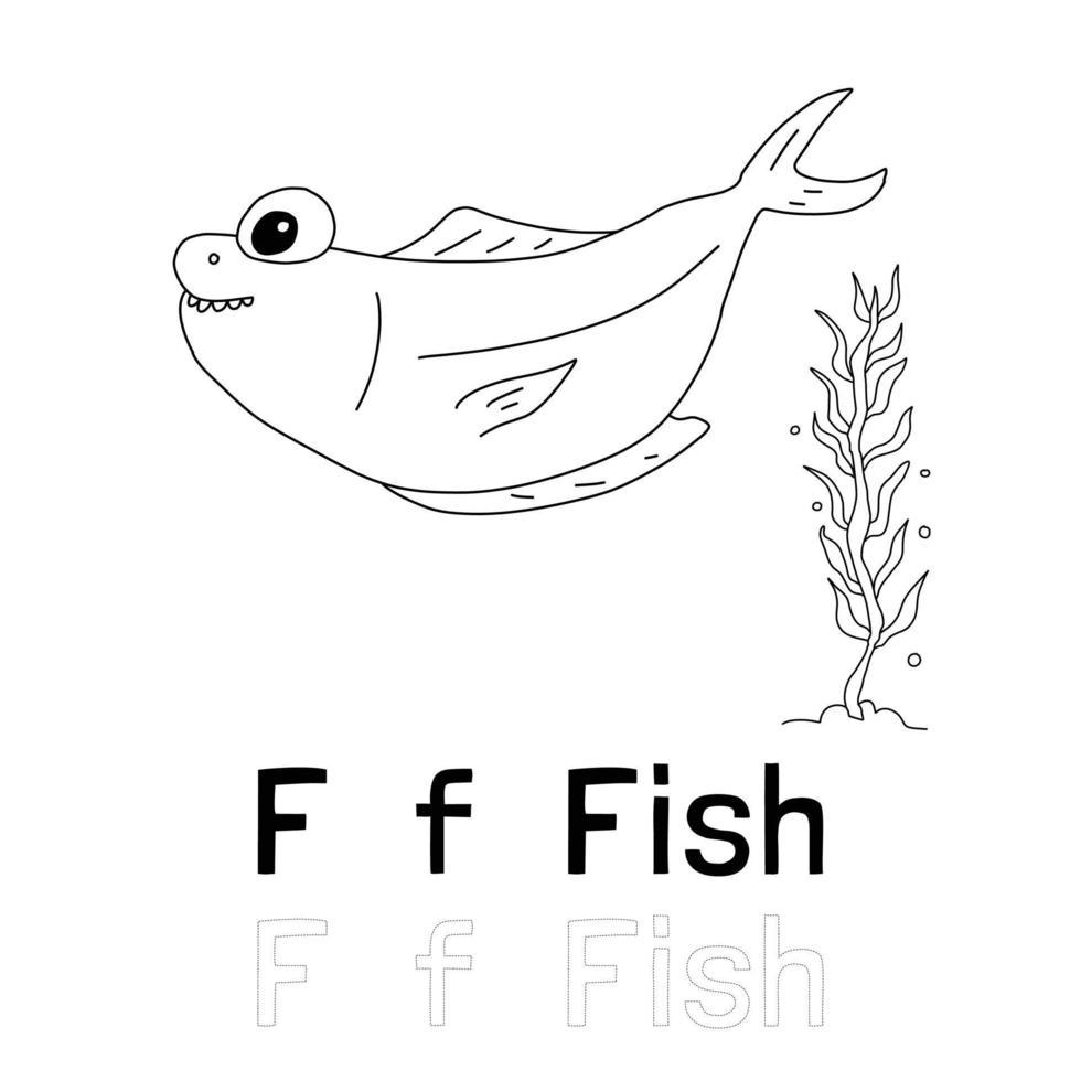 alfabet letter f voor vis kleurplaat, dieren illustratie kleuren vector