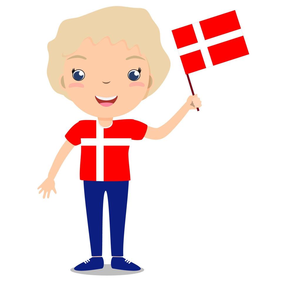 lachend kind, jongen, met een vlag van Denemarken geïsoleerd op een witte achtergrond. vector cartoon mascotte. vakantieillustratie op de dag van het land, onafhankelijkheidsdag, vlagdag.