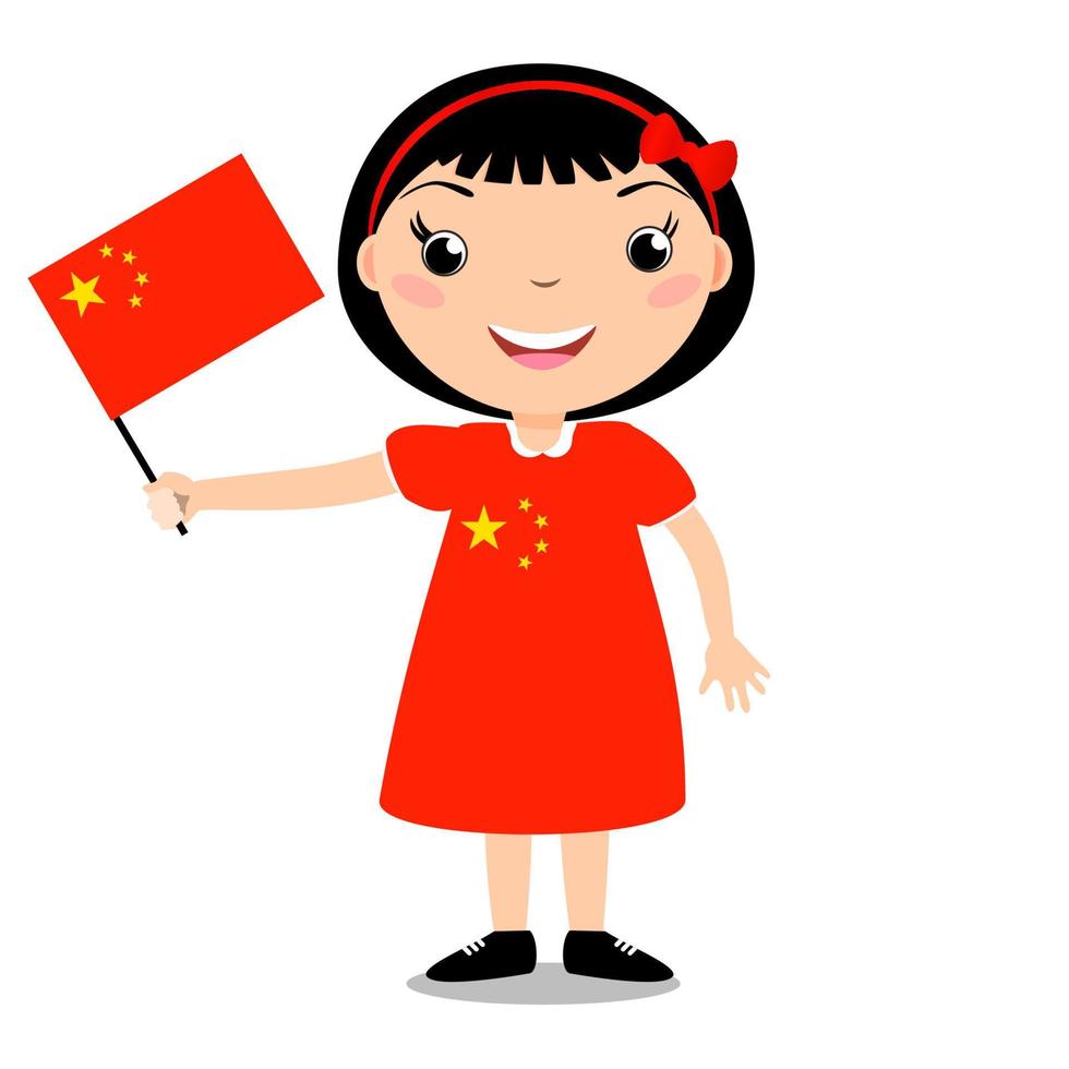 lachend kind, meisje, met een china vlag geïsoleerd op een witte achtergrond. vector cartoon mascotte. vakantieillustratie op de dag van het land, onafhankelijkheidsdag, vlagdag.