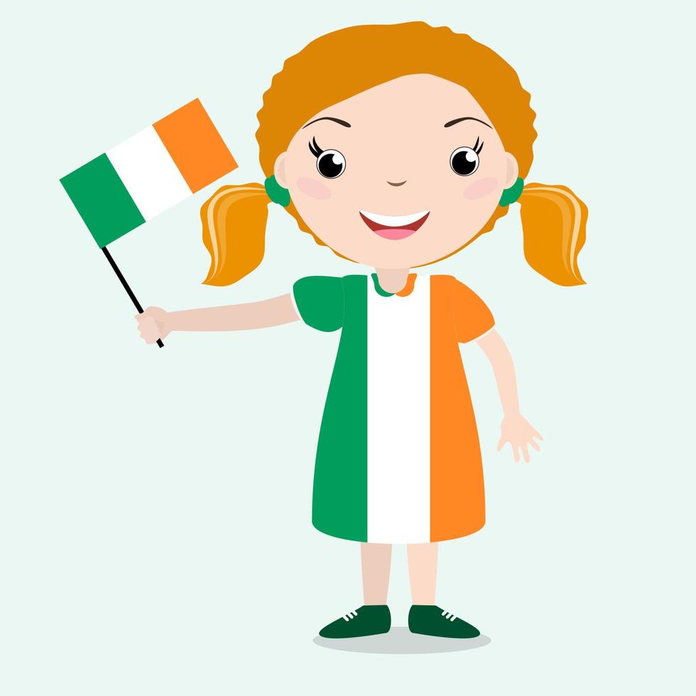 glimlachend chilld, meisje, met een vlag van Ierland geïsoleerd op een witte achtergrond. vector cartoon mascotte. vakantieillustratie op de dag van het land, onafhankelijkheidsdag, vlagdag.