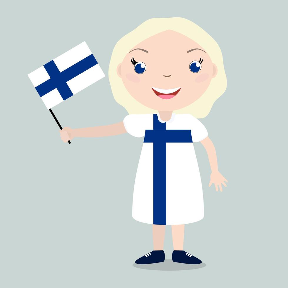 lachend kind, meisje, met een vlag van finland geïsoleerd op een witte achtergrond. vector cartoon mascotte. vakantieillustratie op de dag van het land, onafhankelijkheidsdag, vlagdag.