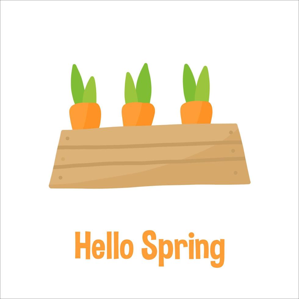 tuinieren en lente set handgetekende elementen - wortelen in doos. voor wenskaart, uitnodiging voor feest, poster, tag, sticker kit. vector illustratie