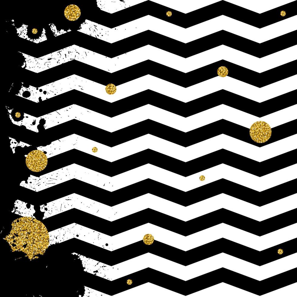 gouden cirkels op een contrasterende geometrische zwart-witte achtergrond, grunge textuur van een verfvlek, zigzag vector patroon.