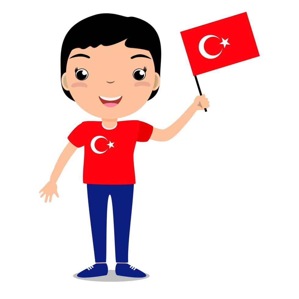 lachend kind, jongen, met een vlag van turkije geïsoleerd op een witte achtergrond. vector cartoon mascotte. vakantieillustratie op de dag van het land, onafhankelijkheidsdag, vlagdag.