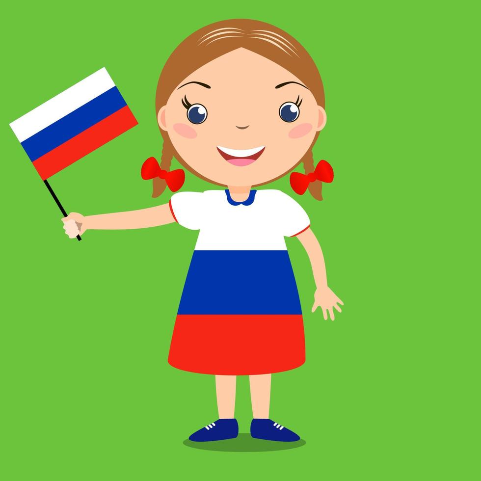 lachend kind, meisje, met een Russische vlag geïsoleerd op een groene achtergrond. vector cartoon mascotte. vakantieillustratie op de dag van het land, onafhankelijkheidsdag, vlagdag.