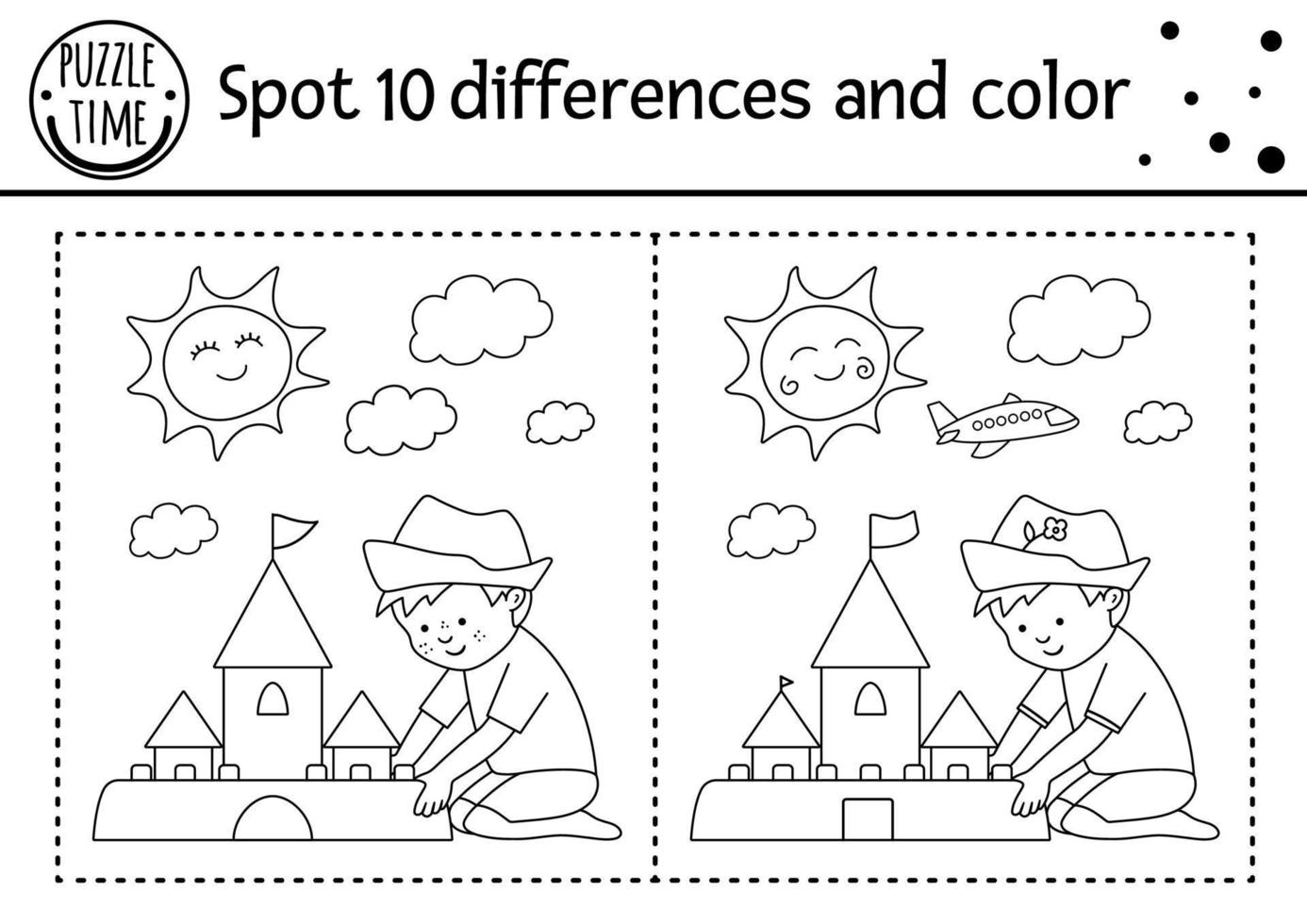 zomer vind verschillen spel voor kinderen met een schattig kind dat een zandkasteel bouwt. strandvakanties zwart-wit activiteit en kleurplaat met grappige jongen en zon. afdrukbaar werkblad. vector