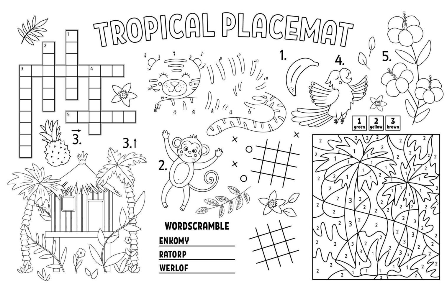 vector tropische placemat voor kinderen. exotische zomer afdrukbare activiteitenmat met kruiswoordraadsel, punt-naar-punt, doolhof, kleur op nummer. zwart-wit speelkleed of kleurplaat met schattige jungle dieren, vogels.